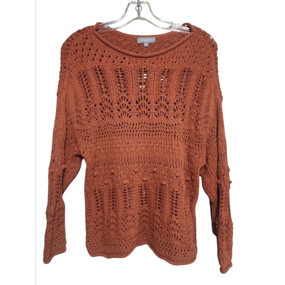 Principles Women’s Sweater M Rust Wool Blend Crochet Knit Long Sleeve Boho